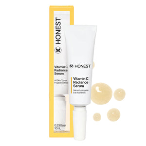 Honest Beauty Mini Suero Vitamina C Radiance frente, tono más uniforme.