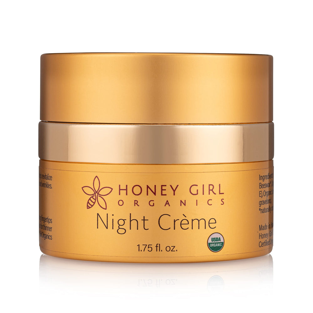 Honey Girl Organics crema nocturna envase elegante para hidratación nocturna
