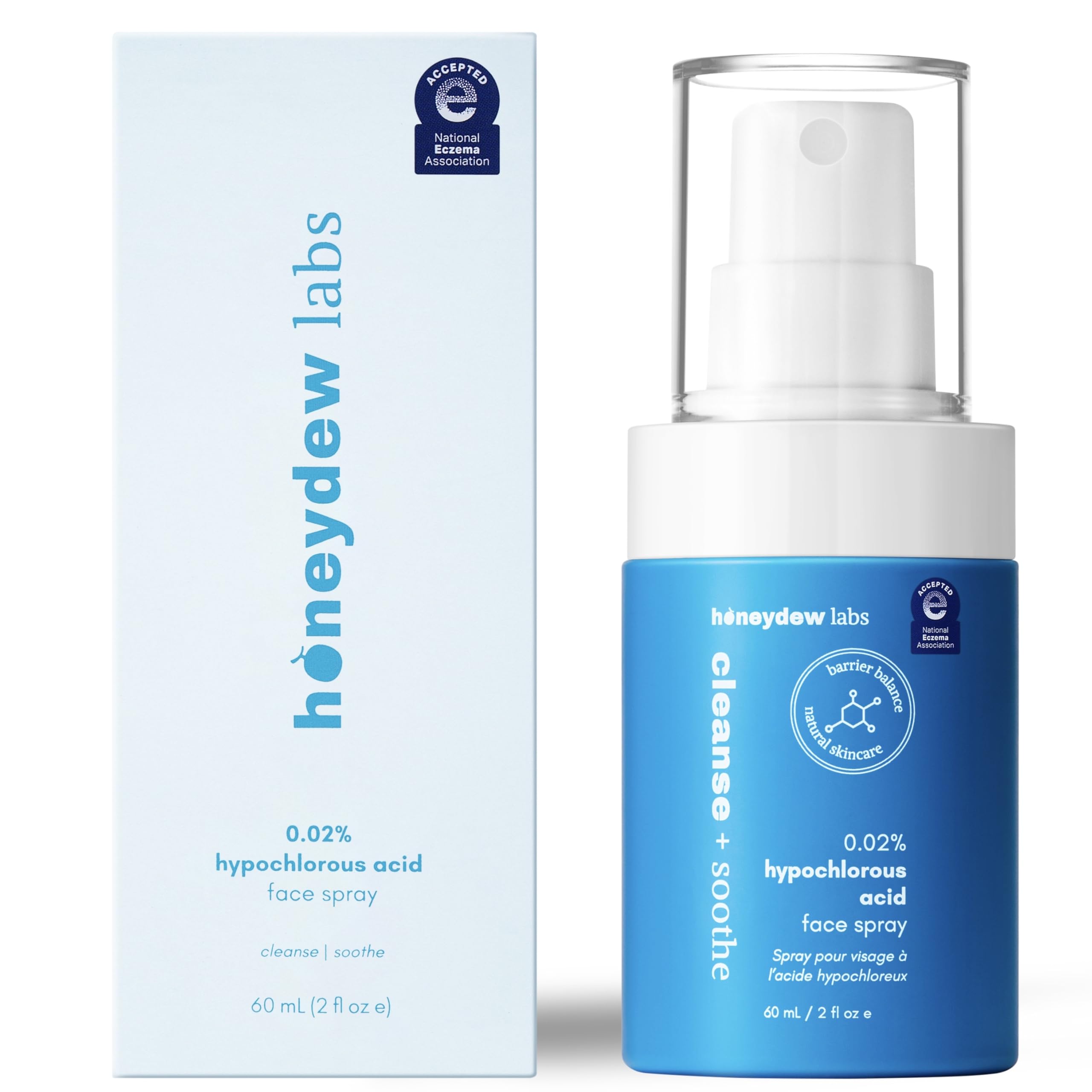 Botella Honeydew Labs hocl con atomizador para limpieza suave de la piel sensible.