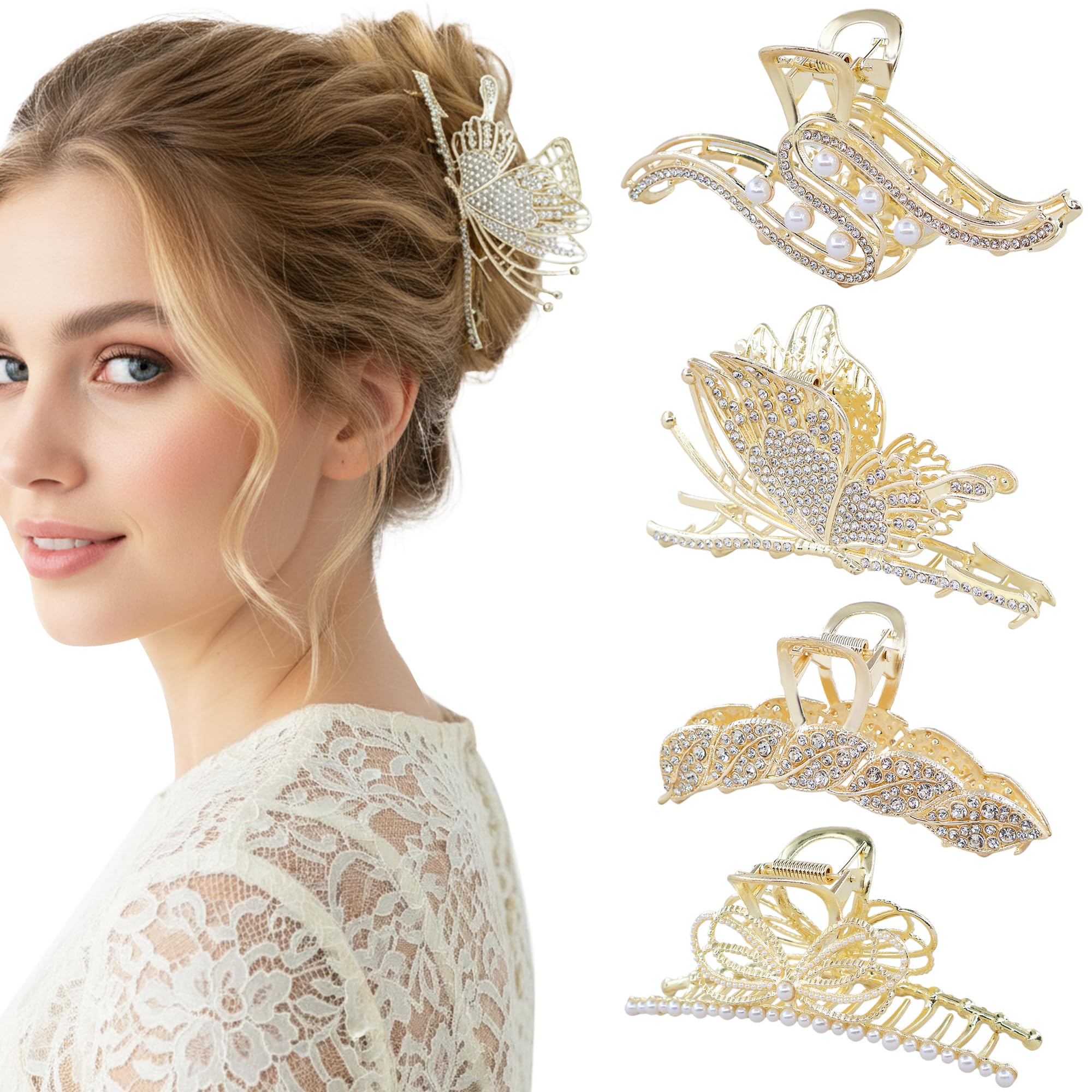 Hoojoot clip grande metálico con cristales y perlas para peinados firmes y elegantes.