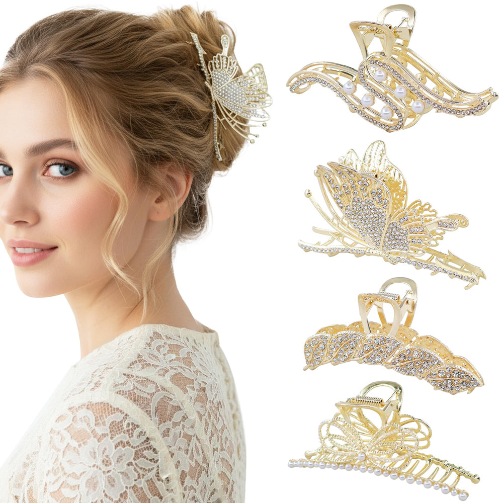 Hoojoot clip grande metálico con cristales y perlas para peinados firmes y elegantes.