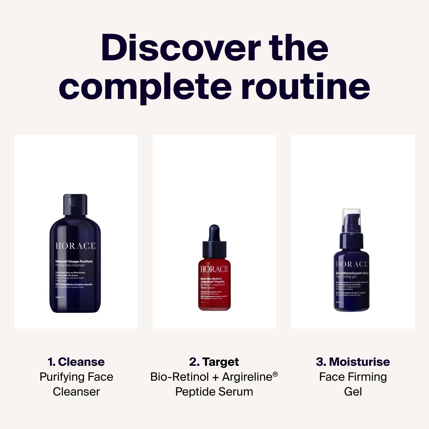 HORACE gel reafirmante facial, fragancia ámbar suave para uso diario.