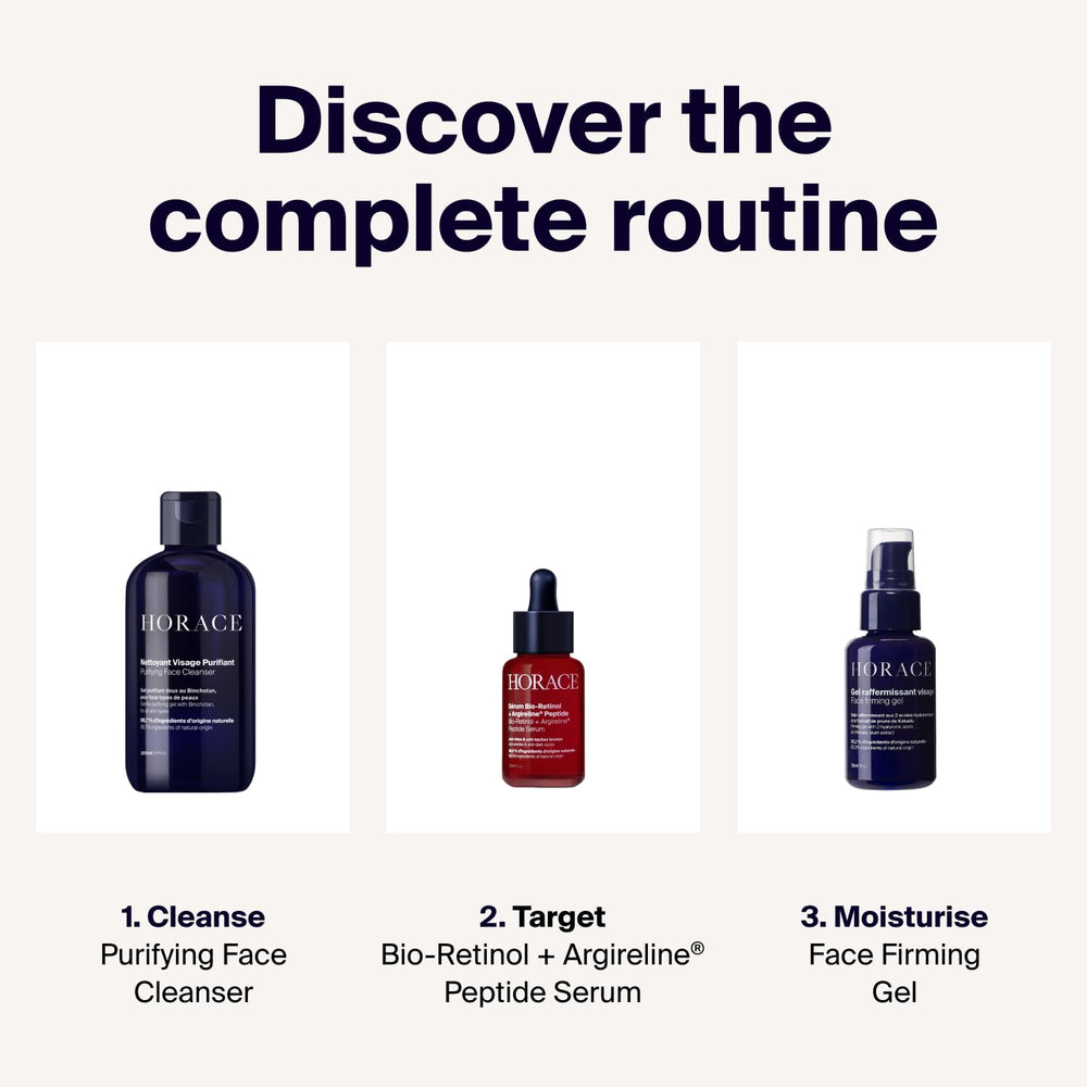 HORACE gel reafirmante facial, fragancia ámbar suave para uso diario.