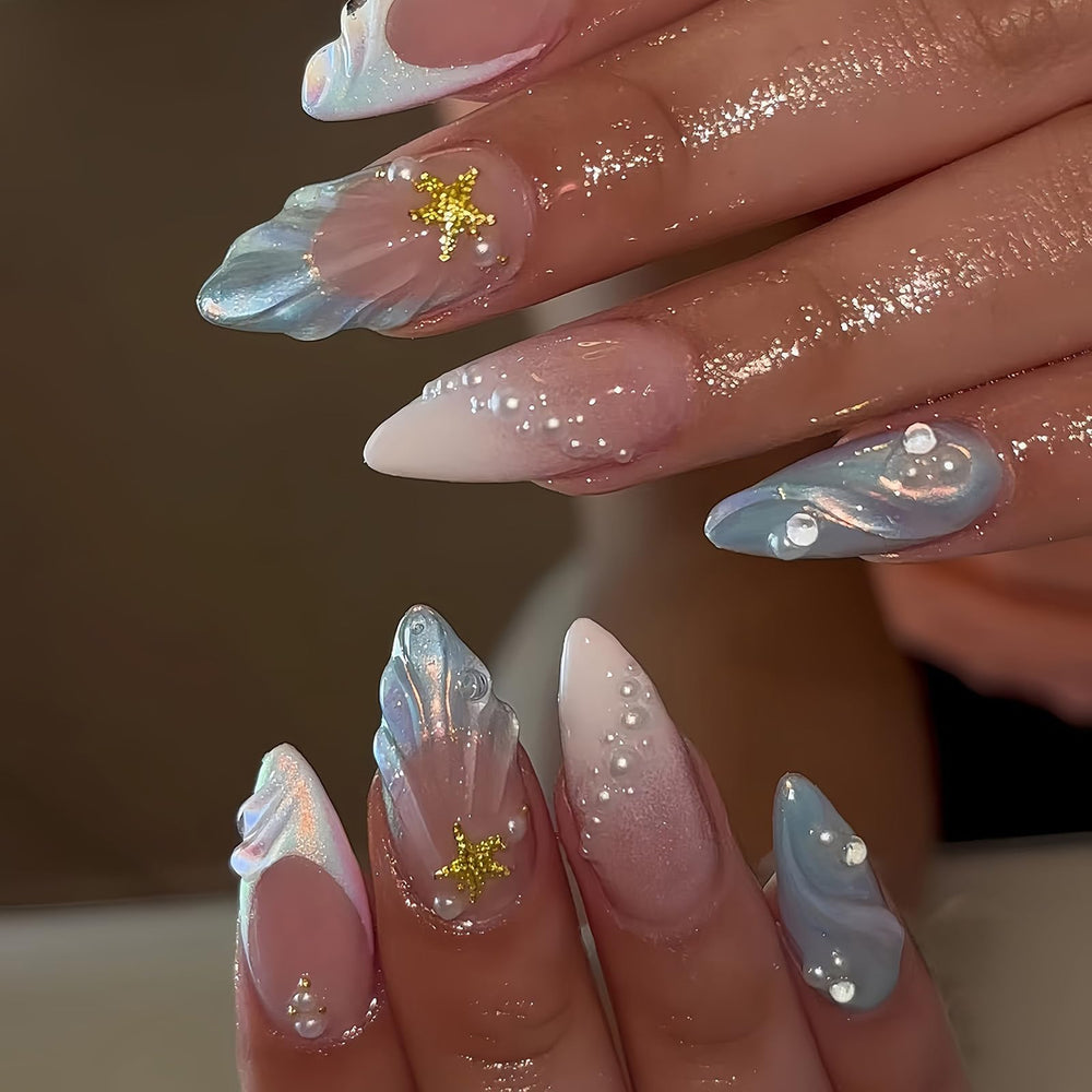 Uñas postizas HOSAILY con ombre azul y blanco para look veraniego duradero