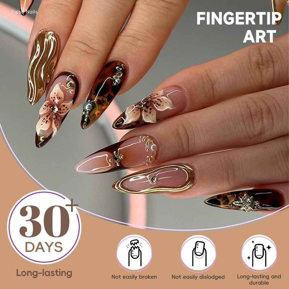 HOSAILY uñas almendra largas con brillo espejo dorado leopard, look elegante.