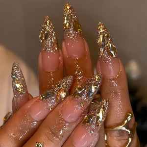 Hosaily uñas largas almendra doradas con brillo de diamantes para fiestas.