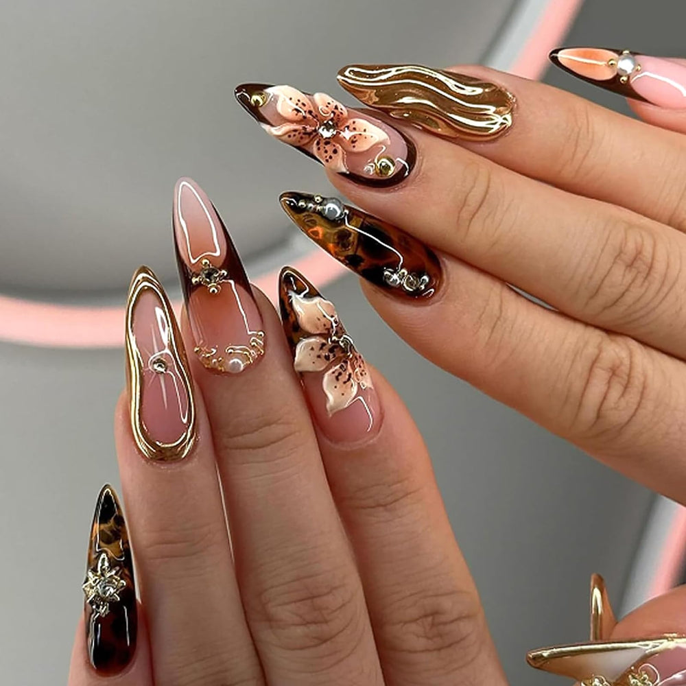 HOSAILY uñas postizas 3D flor marrón con dorado leopardo, estilo llamativo.