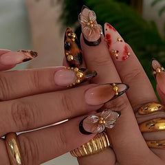 HOSAILY Uñas postizas forma almendra 3D con flor marrón y brillo dorado