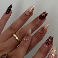 Uñas postizas HOSAILY ombré floral marrón dorado para un look sofisticado