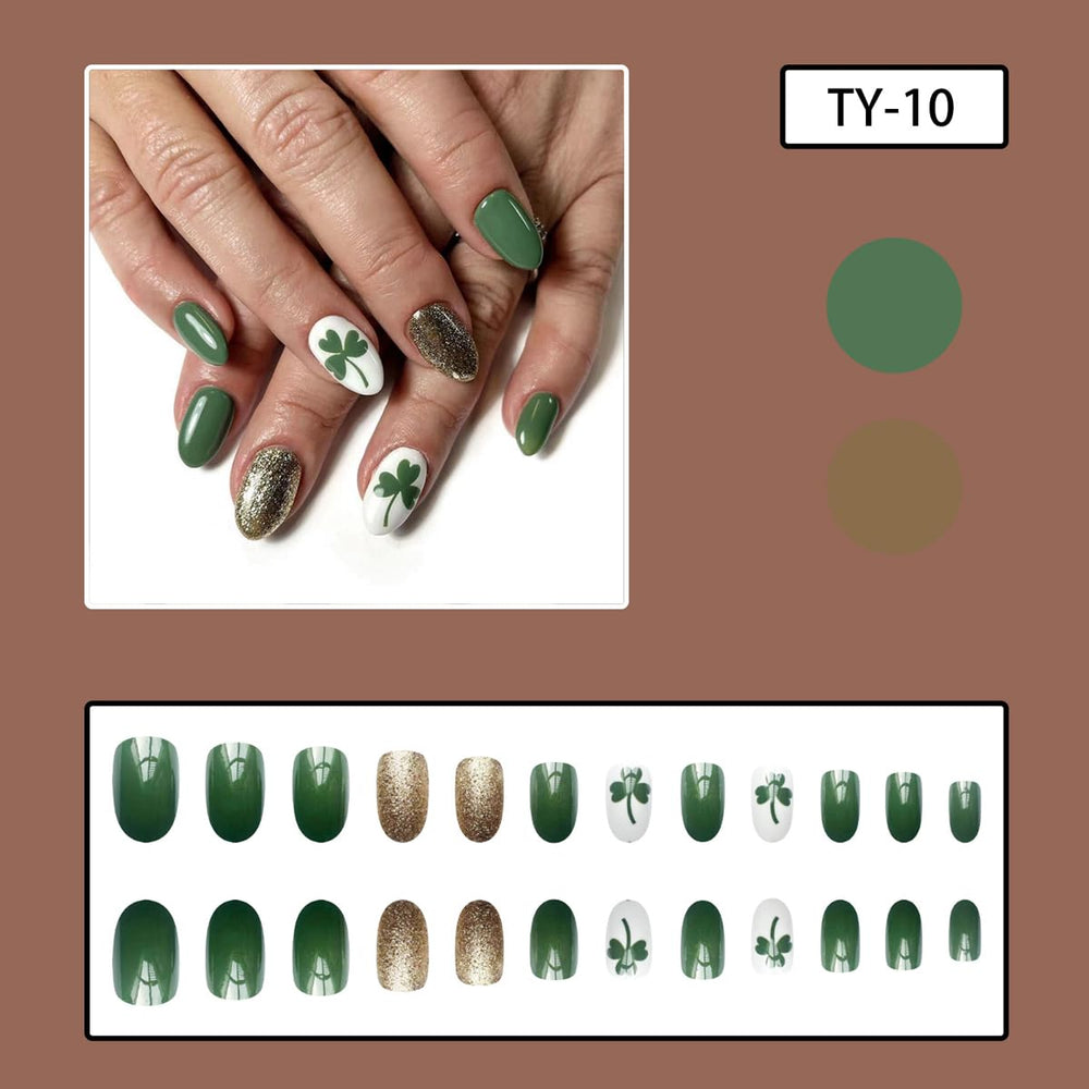 HPYFOI diseño trébol verde en uñas adhesivas para un acabado elegante