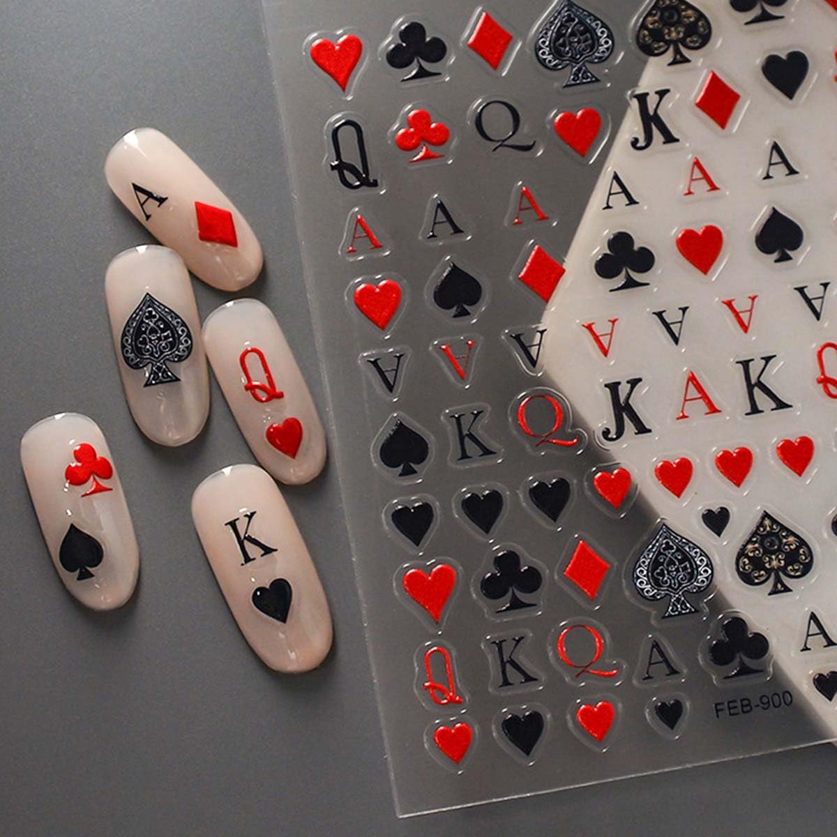 HPYFOI pegatinas póker para uñas con corazones 5D, acabado elegante.