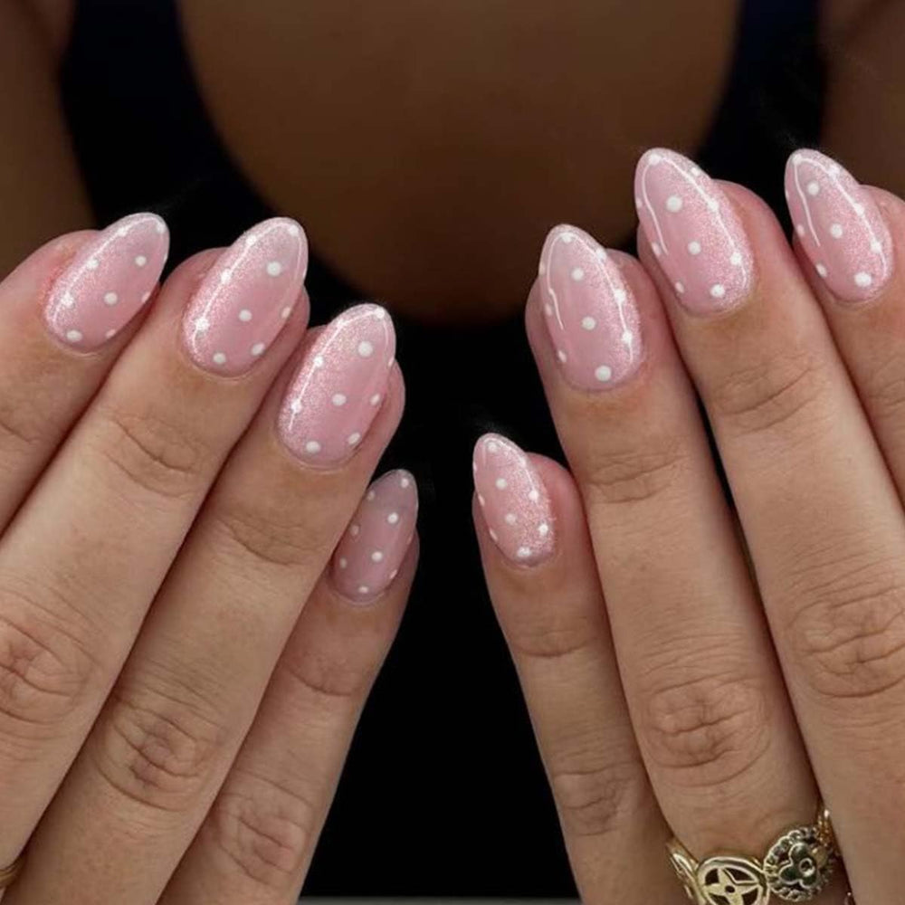 HPYFOI Uñas de presión en almendra con puntos blancos para un acabado elegante.