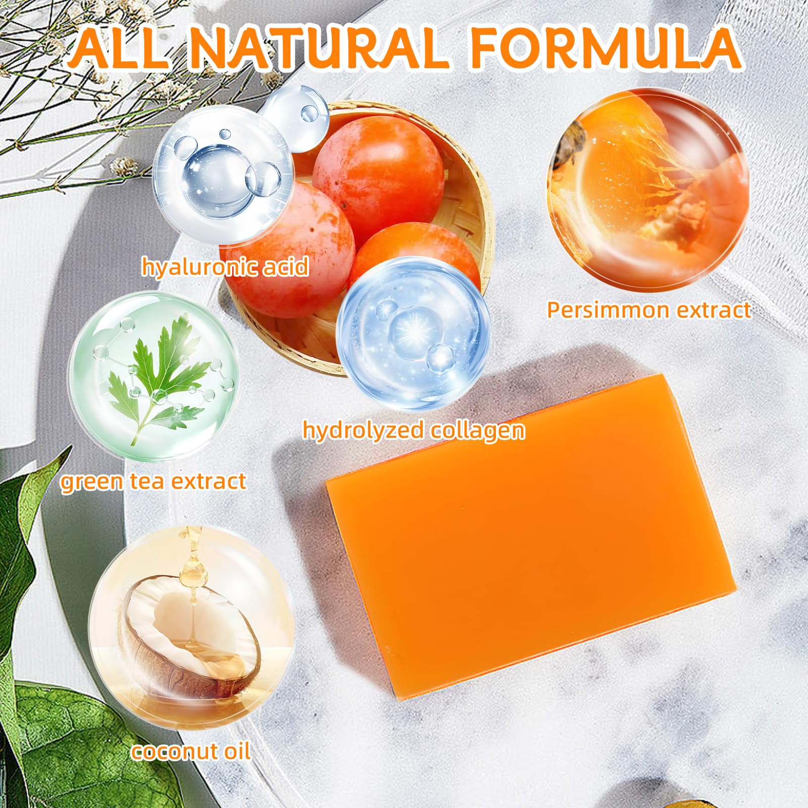 Ingredientes naturales: persimón fresco y coco para cuidado suave.