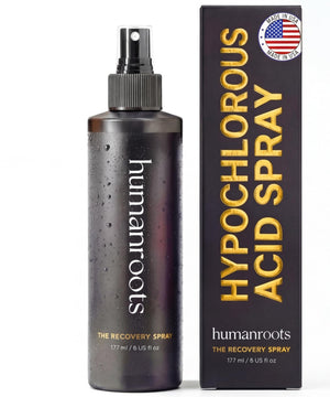 humanroots spray de recuperación, botella visible, hidratación suave tras la limpieza.