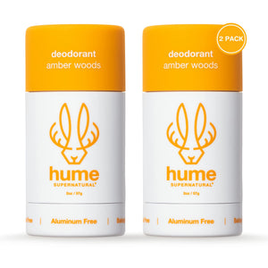 Hume Supernatural desodorante sin aluminio, empaque frontal seguro para piel sensible.