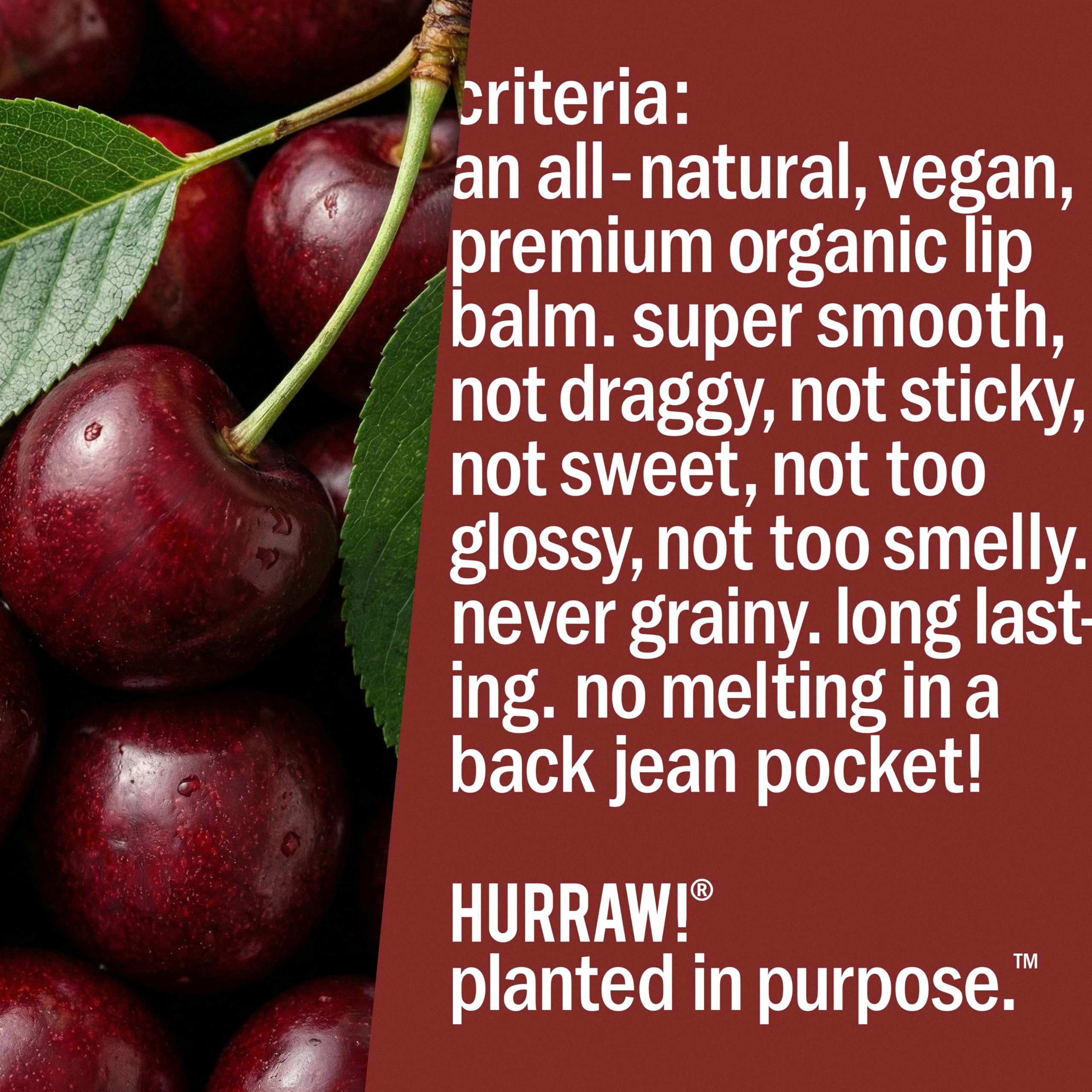 Ingredientes orgánicos en Hurraw bálsamo labial Cereza Negra, vegano.