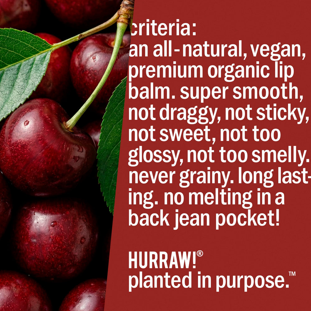 Ingredientes orgánicos en Hurraw bálsamo labial Cereza Negra, vegano.