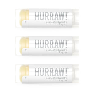 Hurraw! bálsamo labial sin aroma en empaque de tres tubos, práctico para diario.