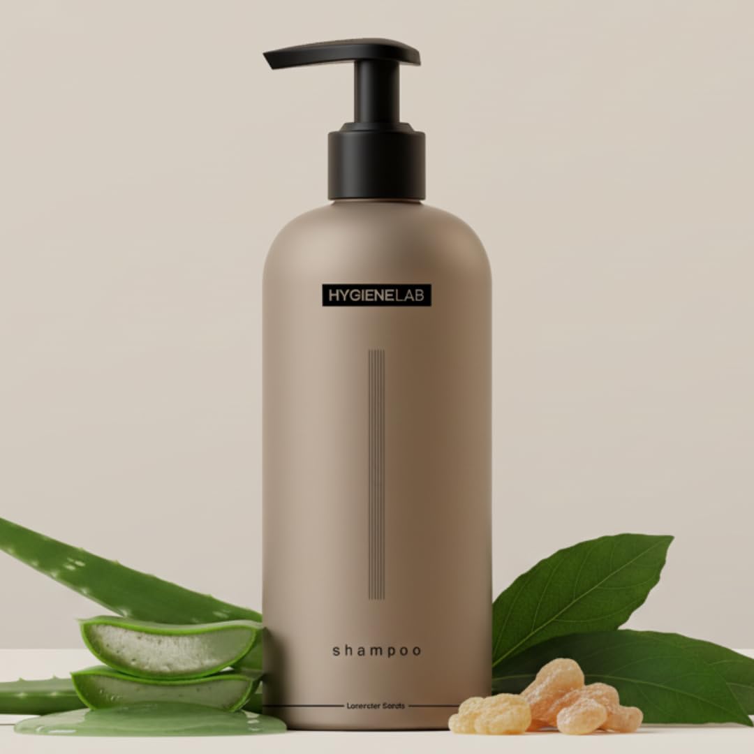 HygieneLab Champú para Hombre, botella frontal, limpieza suave para cabello sensible.