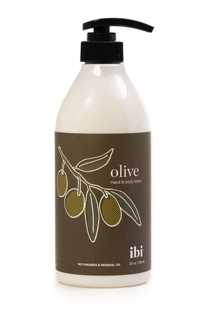 IBI hidratante de oliva en botella para hidratación profunda de manos y cuerpo.