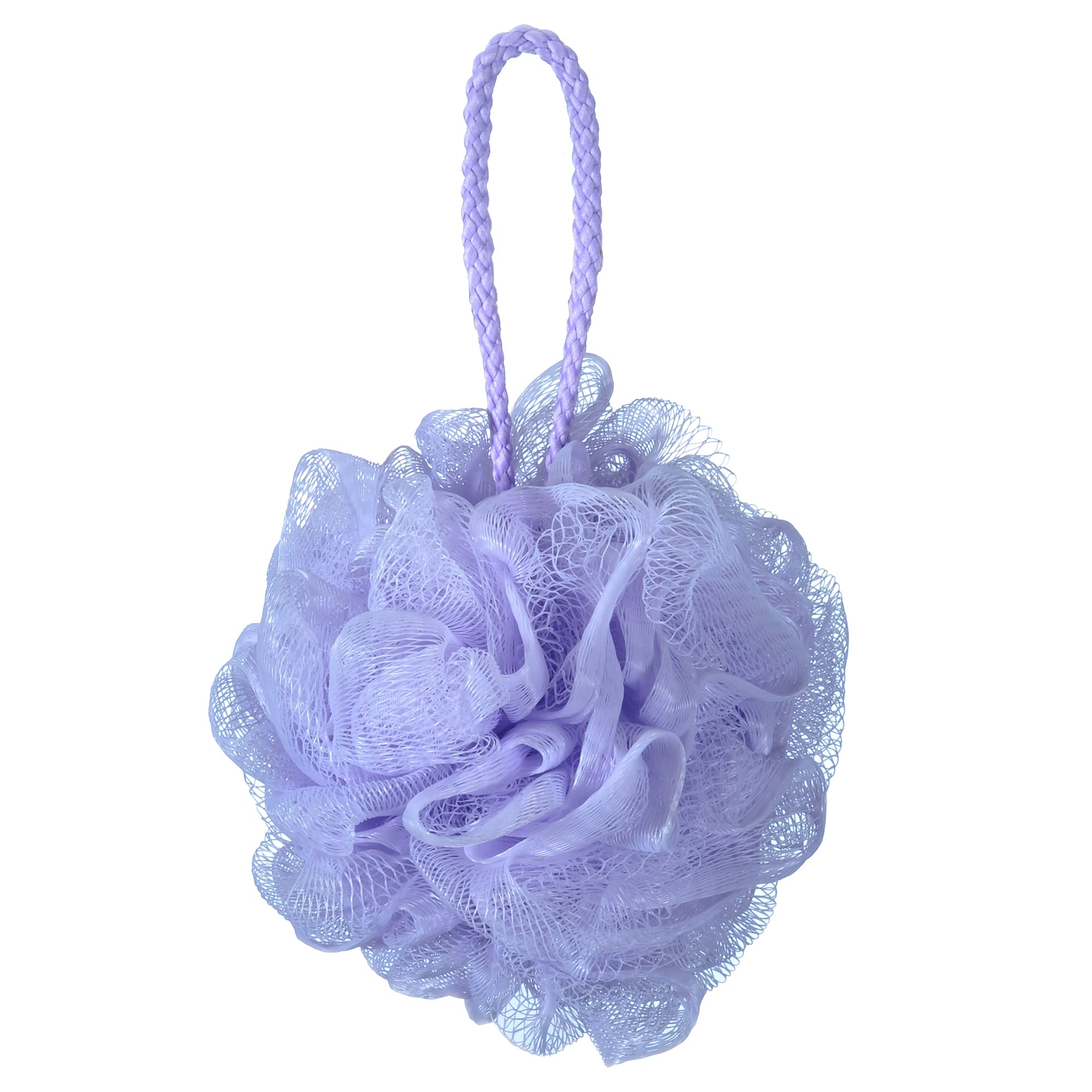 Esponja iboodi morada con textura suave para ducha.