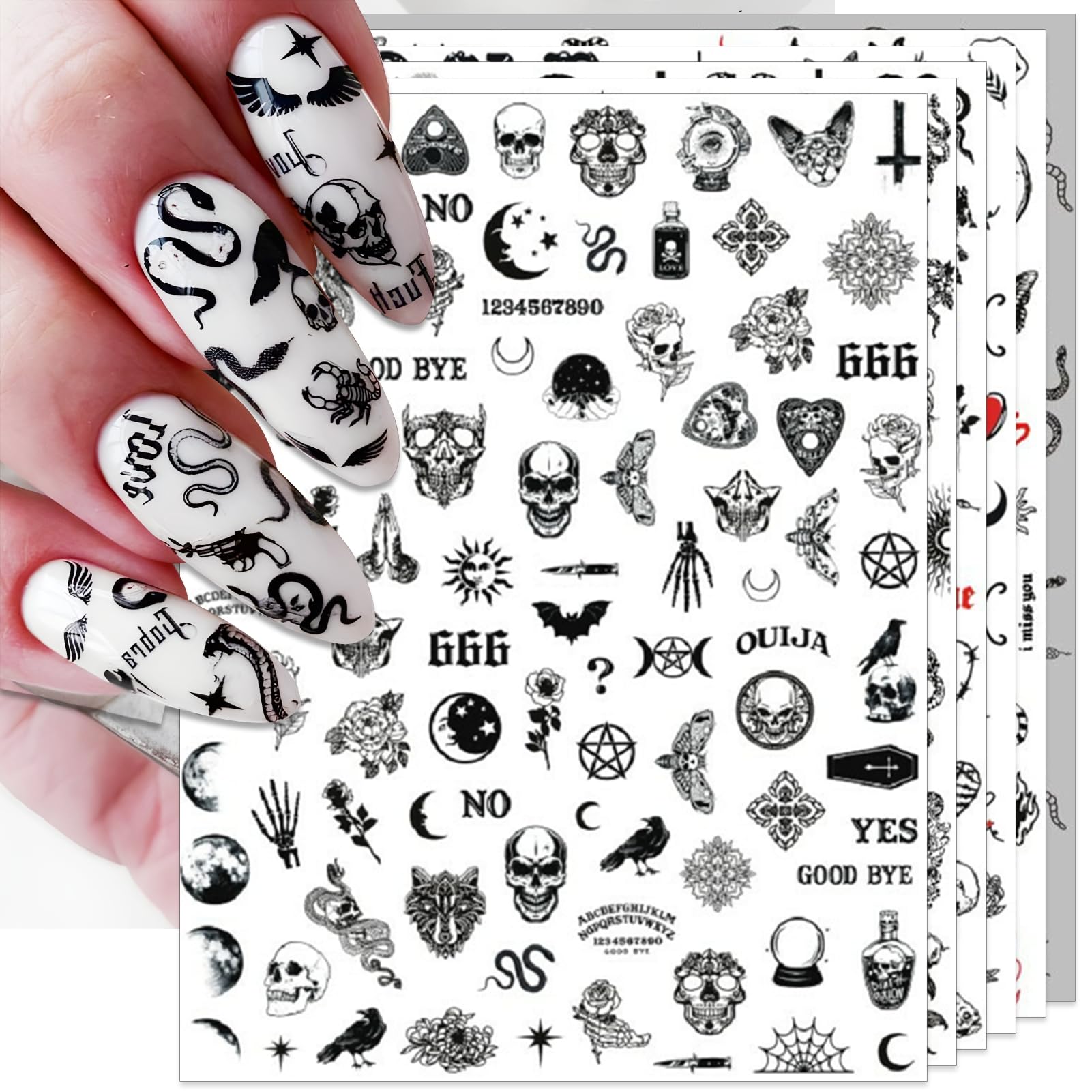 IDDFEVE pegatinas de uñas serpiente y calavera negras con estilo gótico y 3D para noche de brujas.