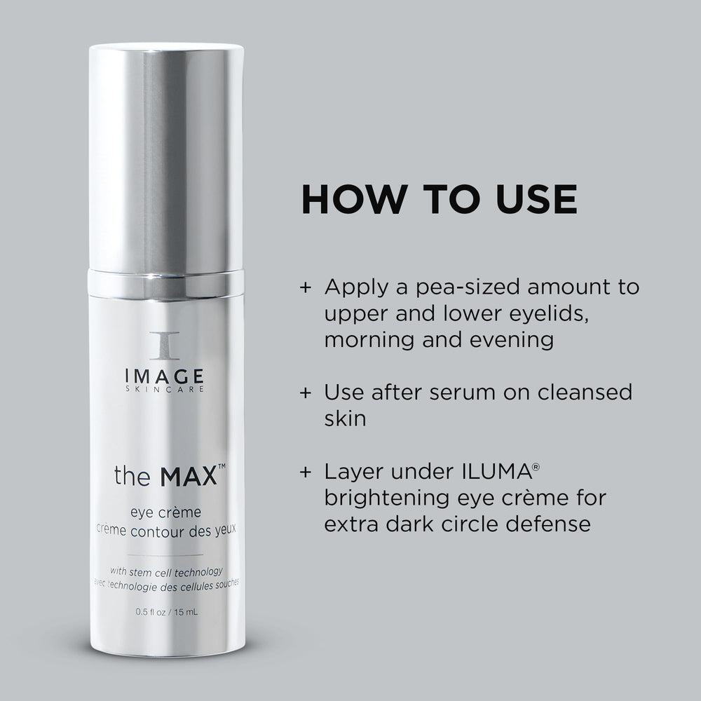 Envase compacto de IMAGE Skincare The Max Stem Cell Eye Creme para uso diario.