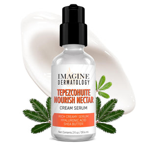 Imagine Dermatology Tepezcohuite Nourish Nectar, bote crema para hidratación profunda y renovación suave.