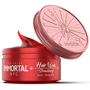 Immortal NYC cera pelo fresa, bote visible, brillo intenso.