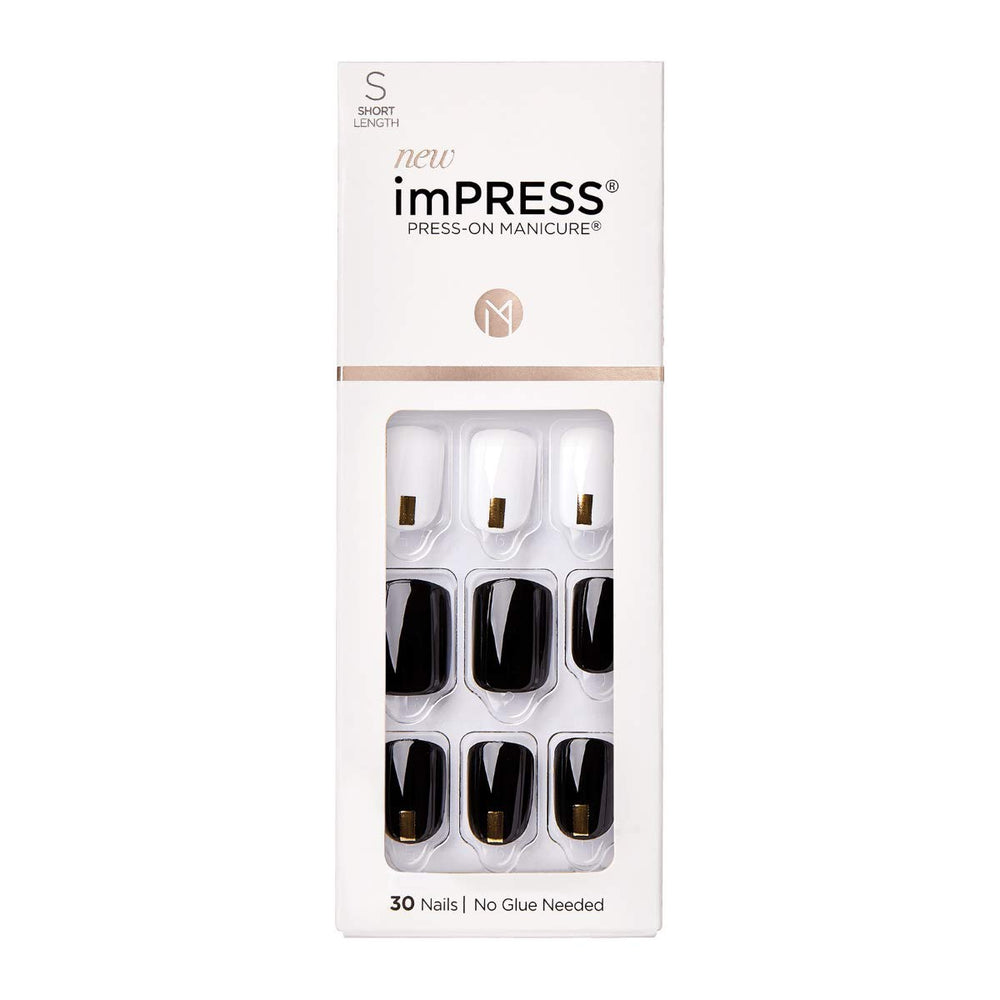 ImPRESS Midnight Drive: uñas postizas en negro y blanco para un look elegante y cómodo.