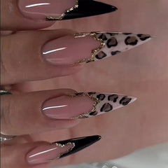IMRAIN uñas stiletto negras con leopardo y efecto francés, brillo duradero.