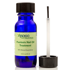 Indigo Natural Herbs aceite para uñas psoriasis, frasco de 15 ml para cuidado suave.