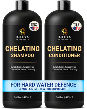 INFINA ESSENTIALS Champú Quelante para Agua Dura elimina minerales y purifica el cabello.