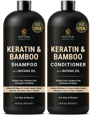 Shampoo Keratina de INFINA ESSENTIALS: limpieza suave para cabello sedoso de raíz a puntas.
