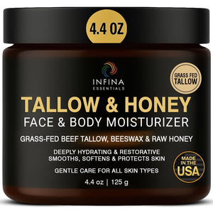 INFINA ESSENTIALS frasco de manteca de vaca con miel cruda para hidratación diaria