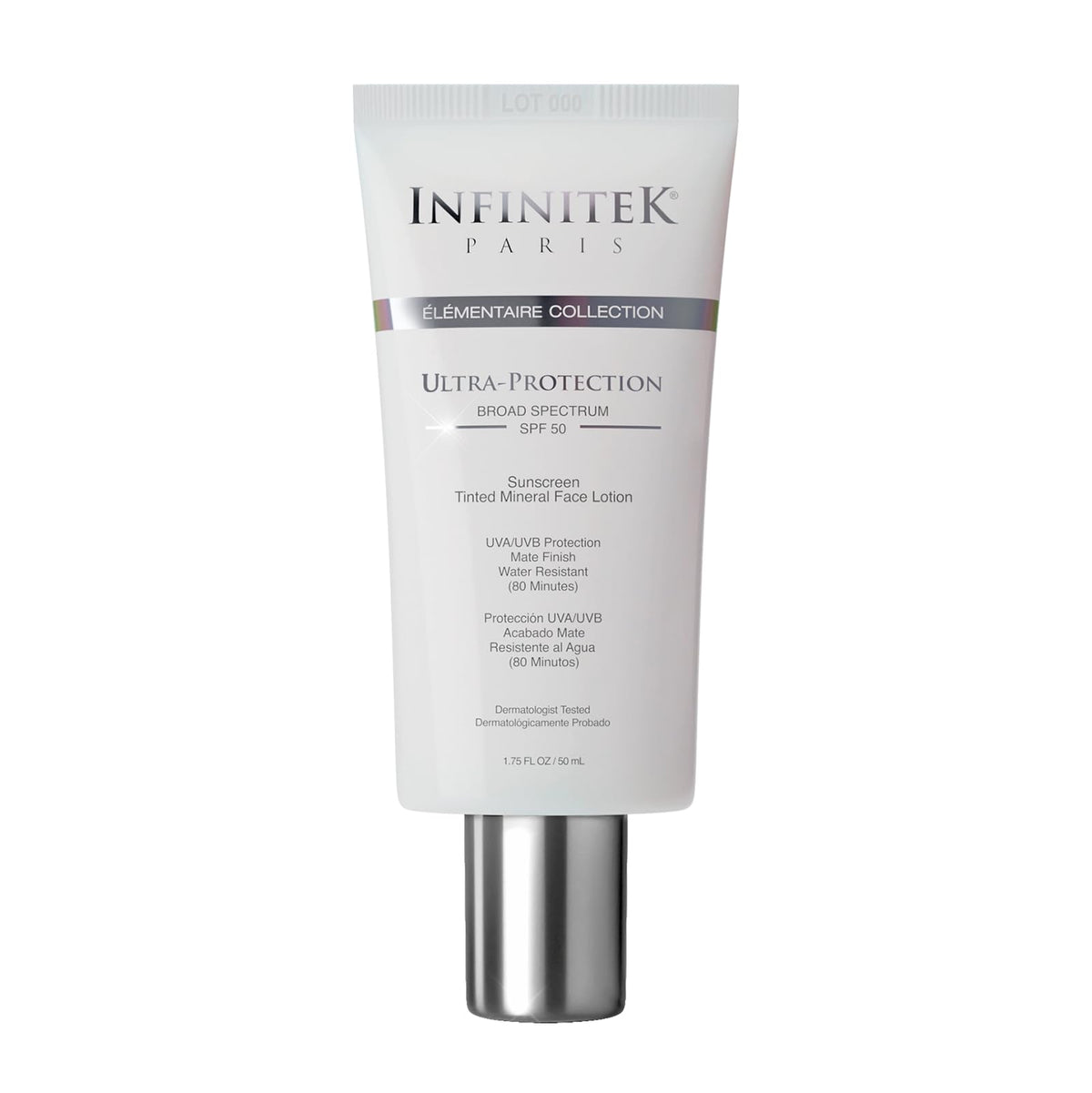 Infinitek Paris protector solar SPF50 con textura tintada para unificar el tono de piel.