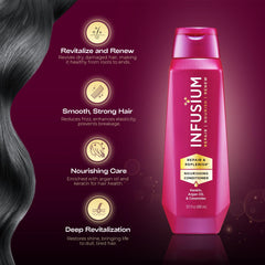 Infusium, manos aplicando acondicionador, cabello suave y manejable.