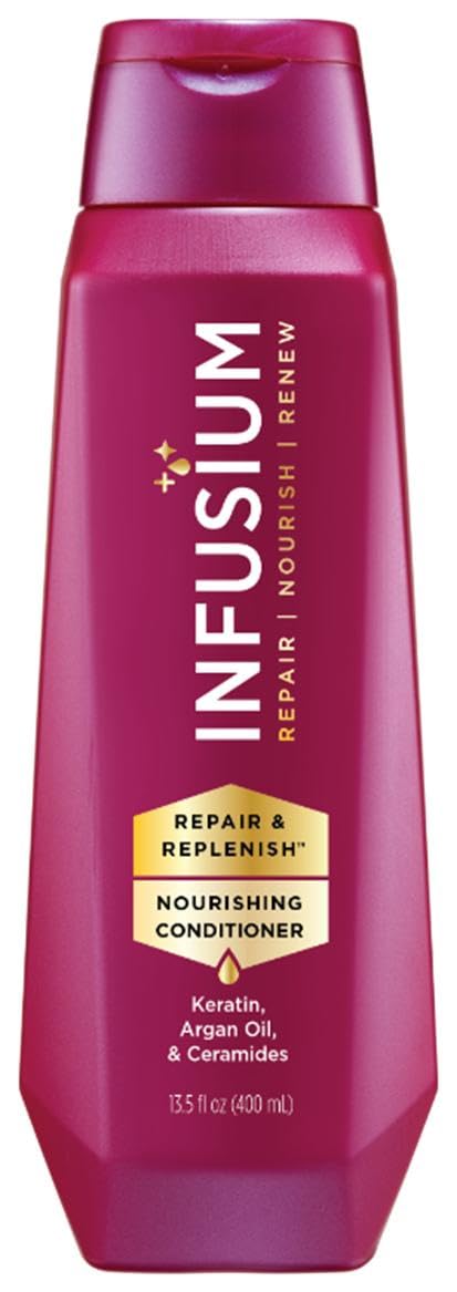 Infusium Reparar y Reponer, botella con keratina, revitaliza el cabello.
