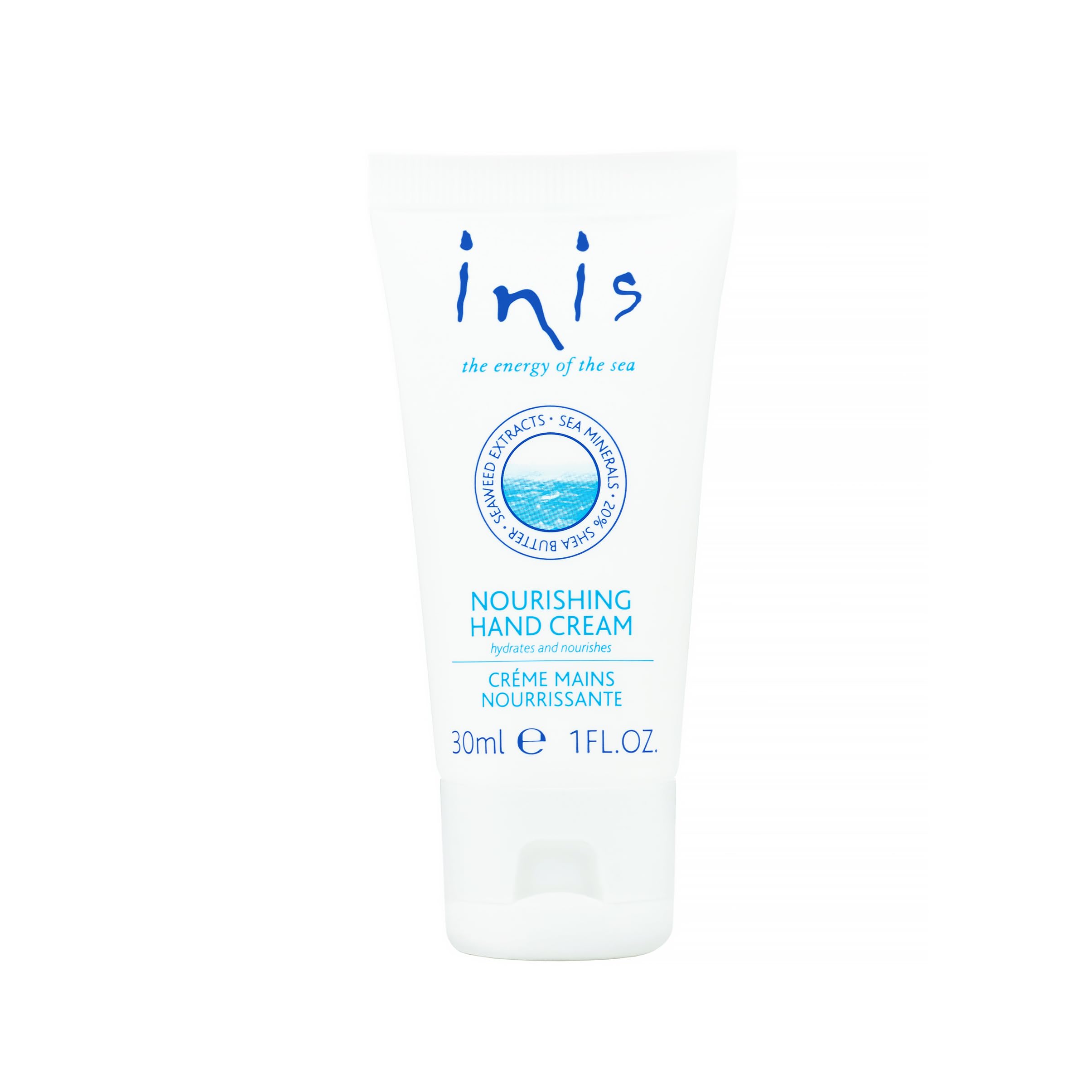 Inis, crema de manos de energía del mar, viaje 30 ml, hidratación suave para uso diario.