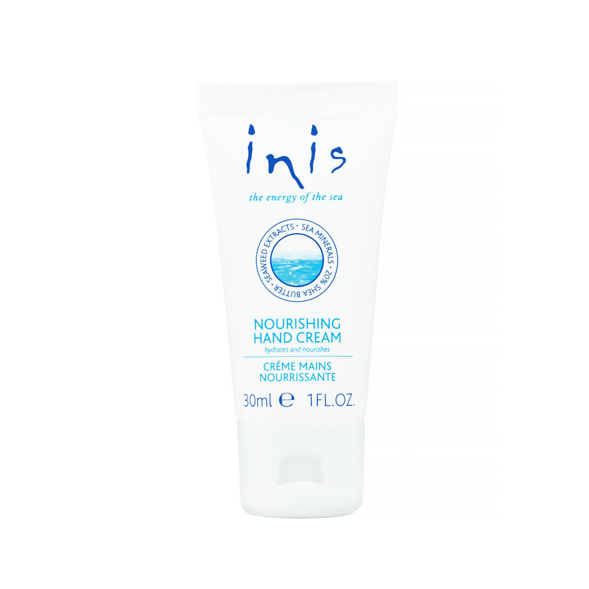 Inis, crema de manos de energía del mar, viaje 30 ml, hidratación suave para uso diario.