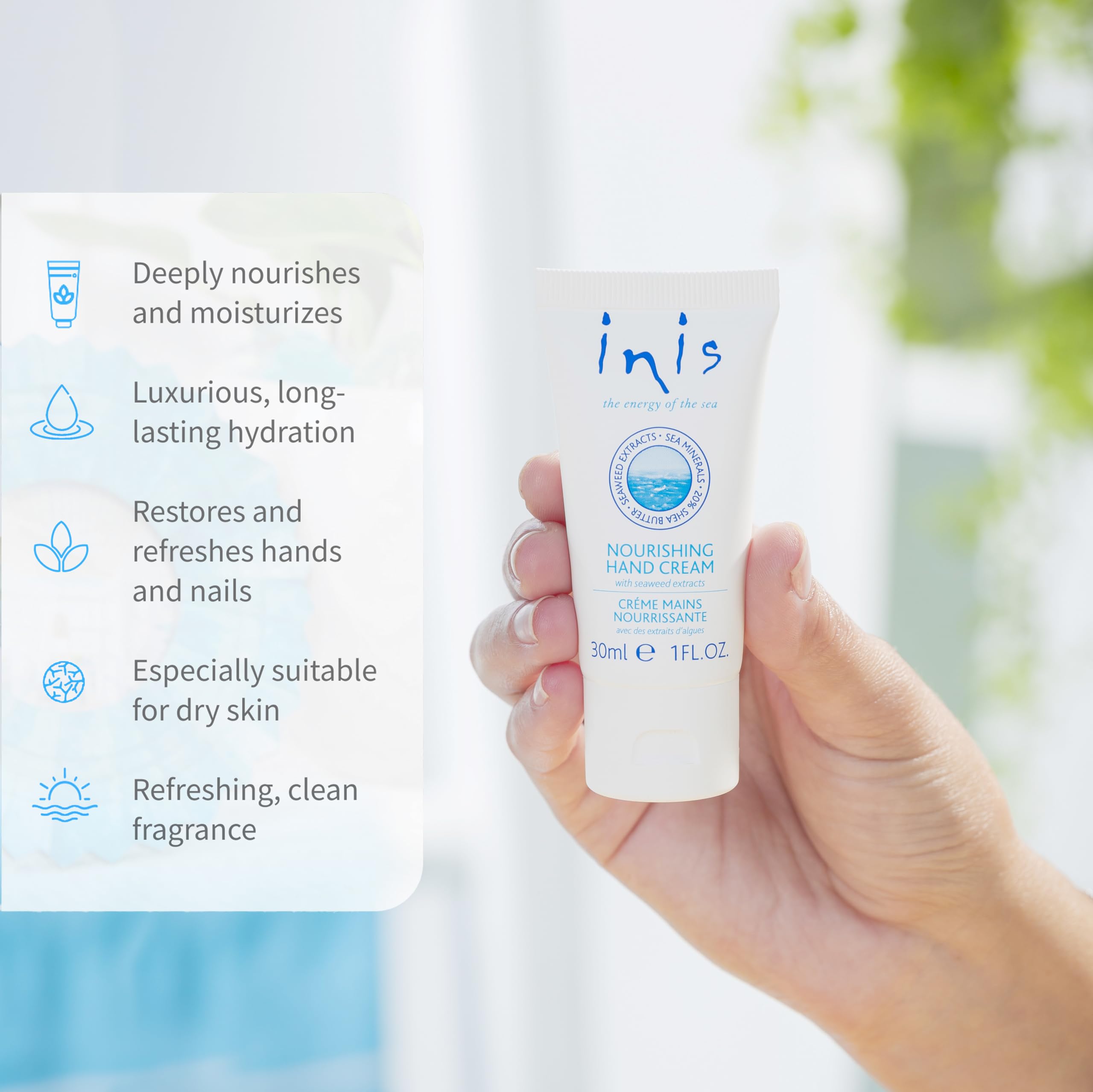 Inis crema manos con minerales marinos y vitaminas para hidratación equilibrada.