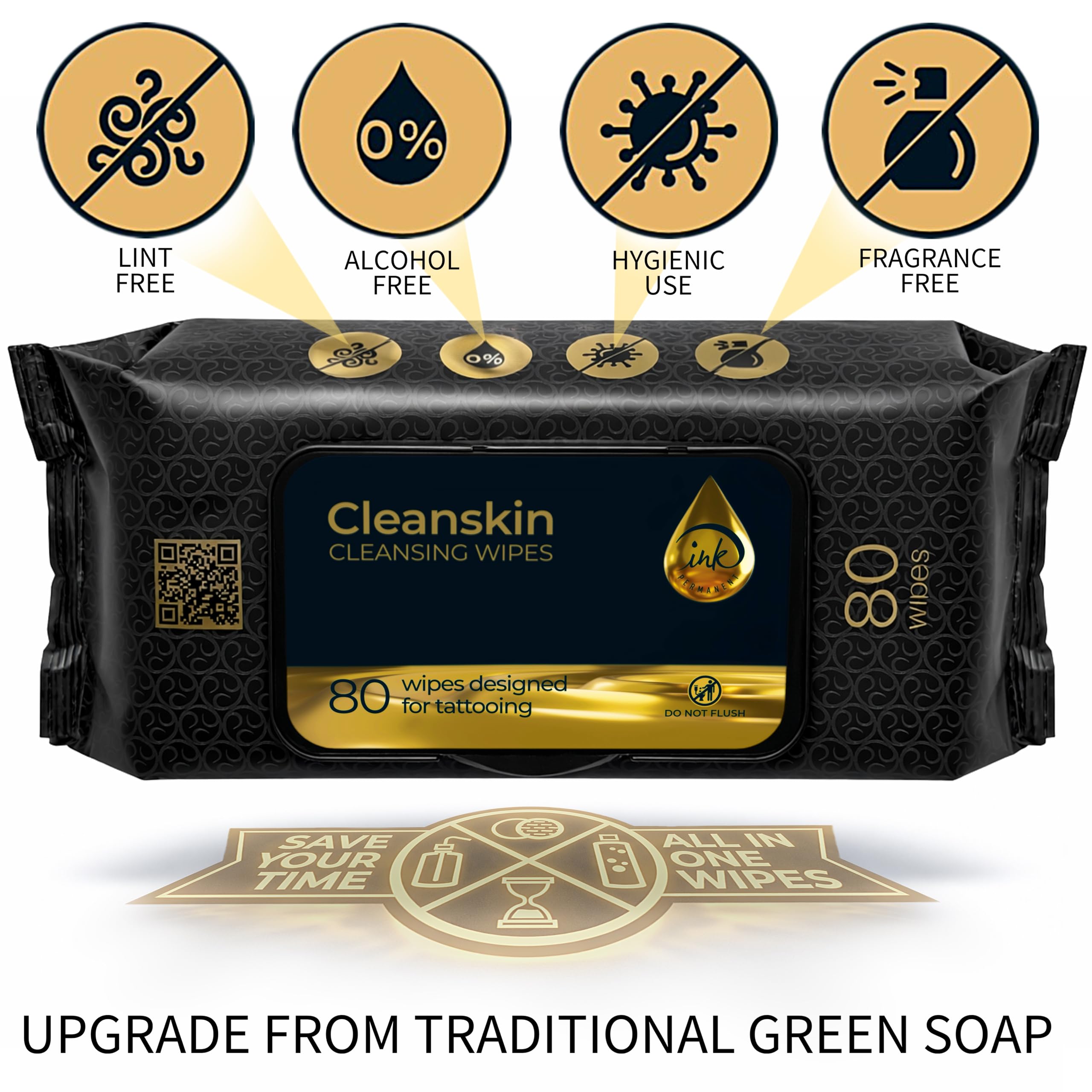 Ink Permanent CleanSkin, toallita humedada con premezcla para remover sangre seca y residuos.