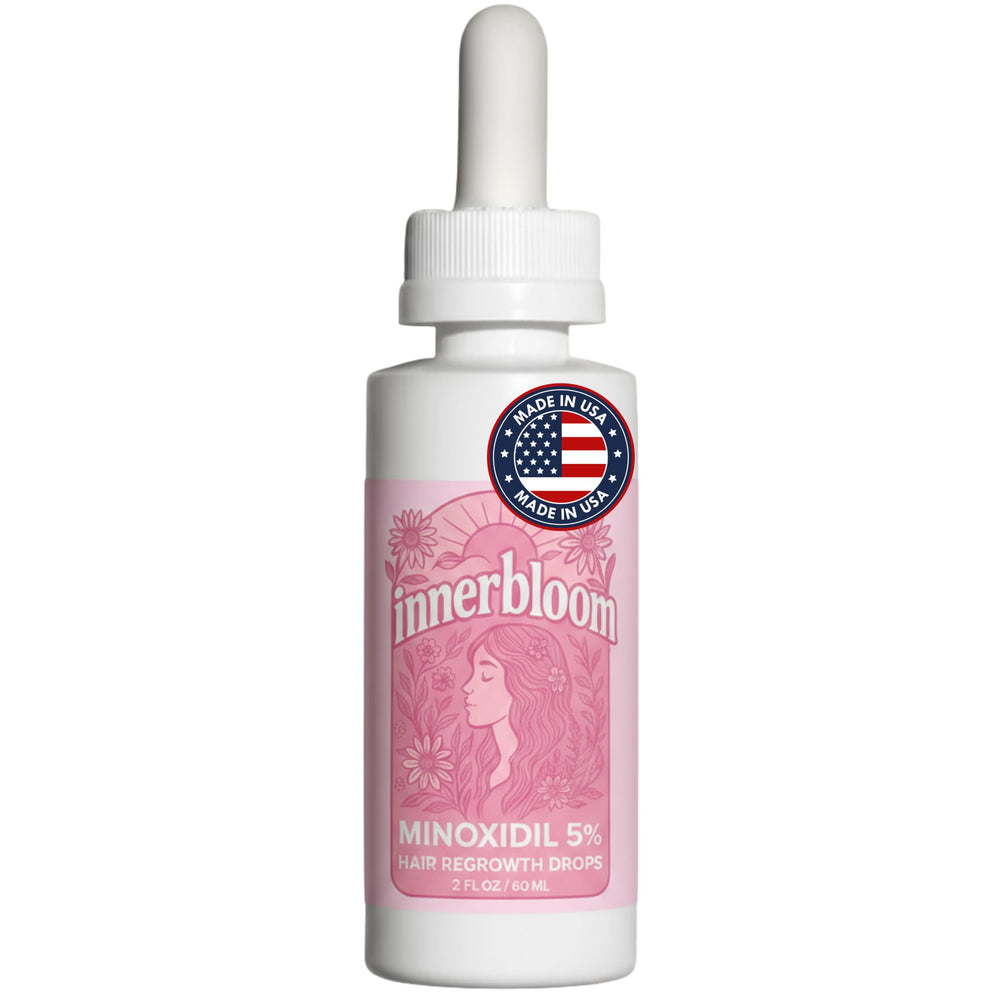 Innerbloom Minoxidil 5% para mujeres, gotas precisas en la botella para aplicación en cuero cabelludo.