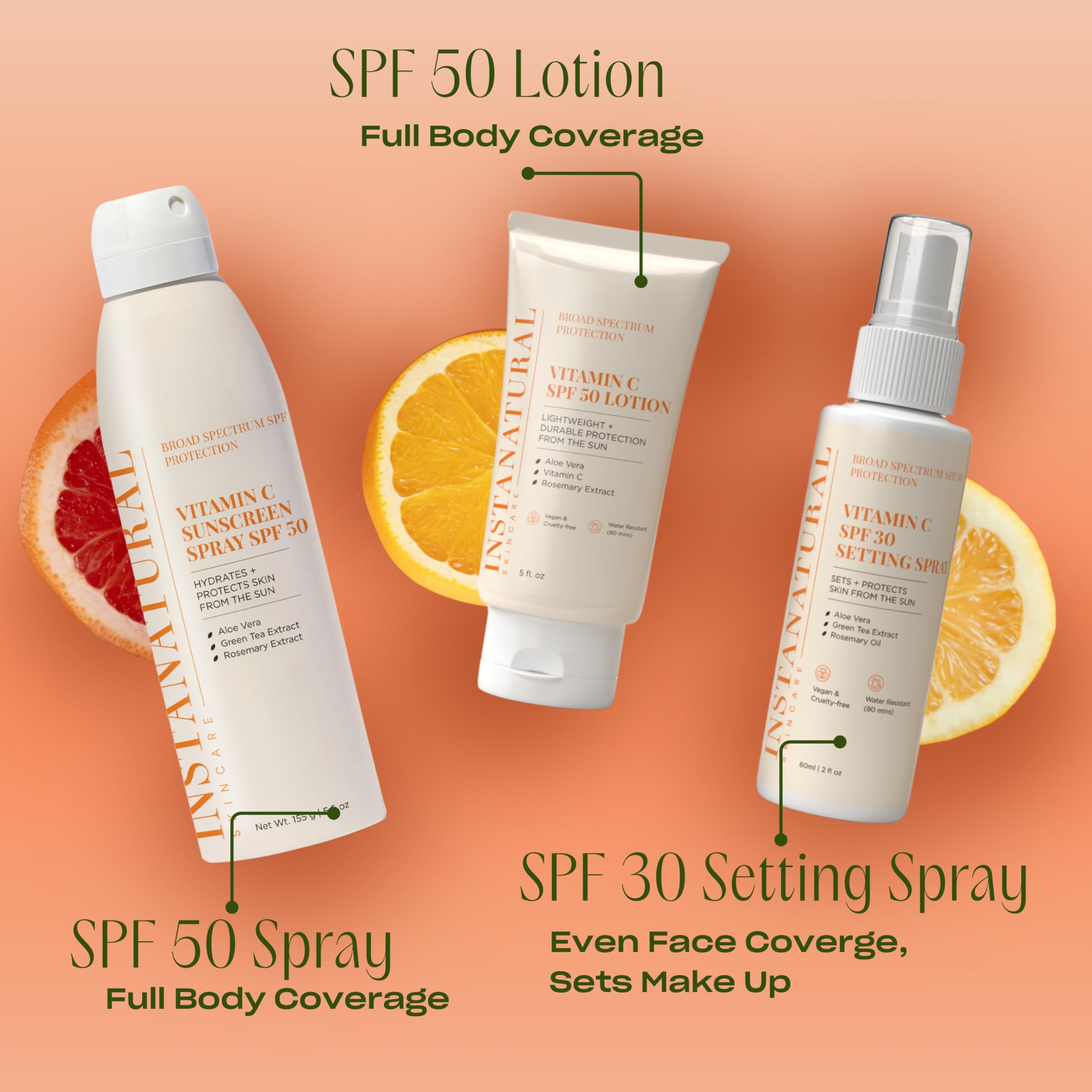SPF 50 InstaNatural con té verde y romero para piel saludable.