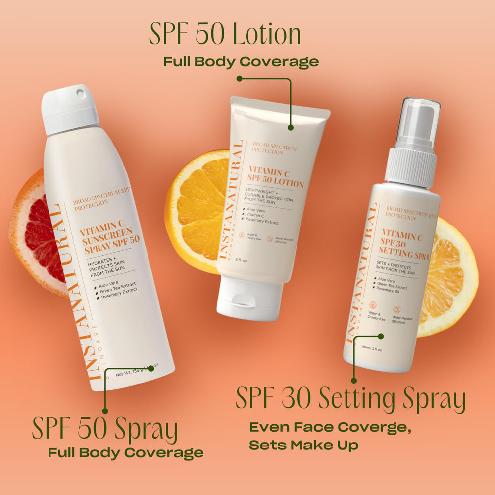 SPF 50 InstaNatural con té verde y romero para piel saludable.