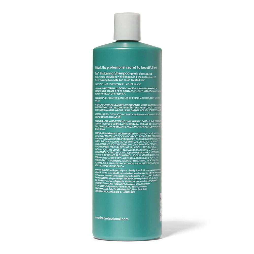 Ion Champú Engrosante, espuma suave, ideal para cabello fino que busca volumen.