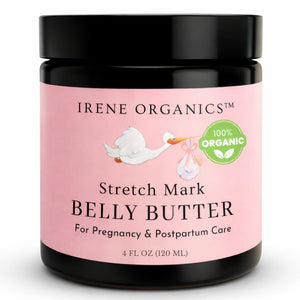 Irene Organics Belly Butter frasco vidrio cerca: hidratación profunda para piel sensible durante el embarazo