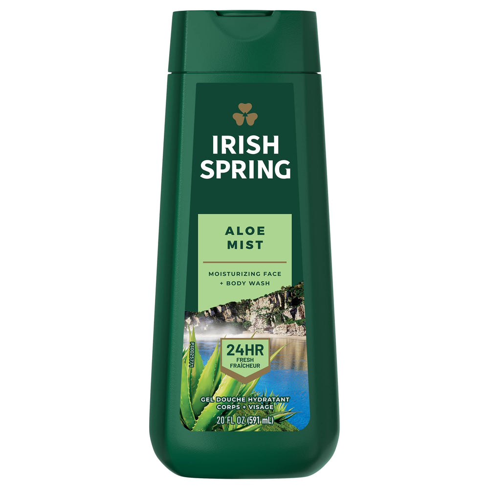 Irish Spring gel de ducha Aloe, botella, ofrece frescura duradera para el día.