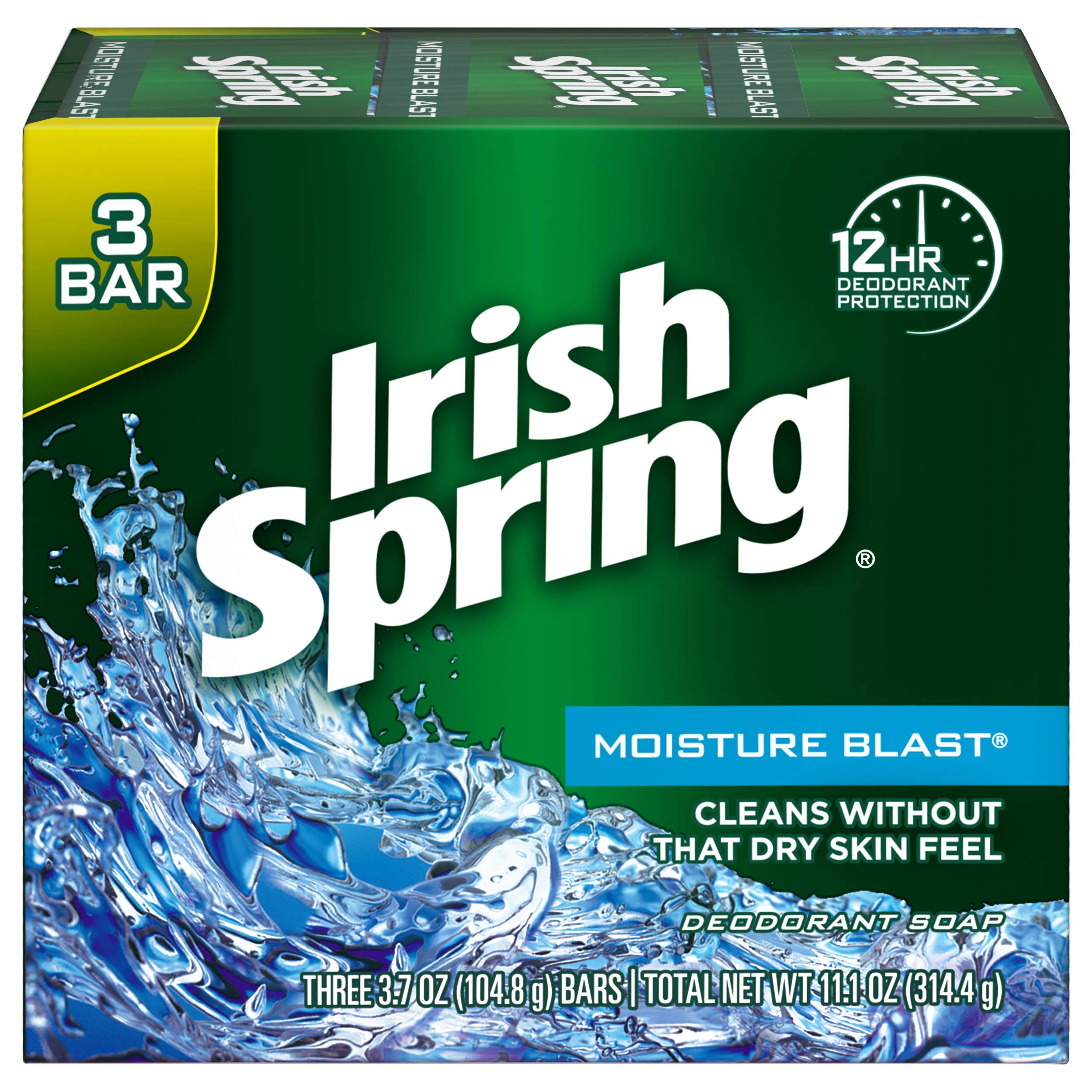 Irish Spring Moisture Blast, empaque de tres barras para uso diario.