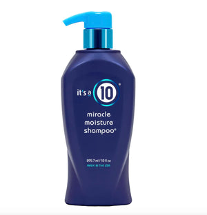 It's A 10 Miracle Moisture Shampoo: botella visible, hidratación suave para cabello rizado.